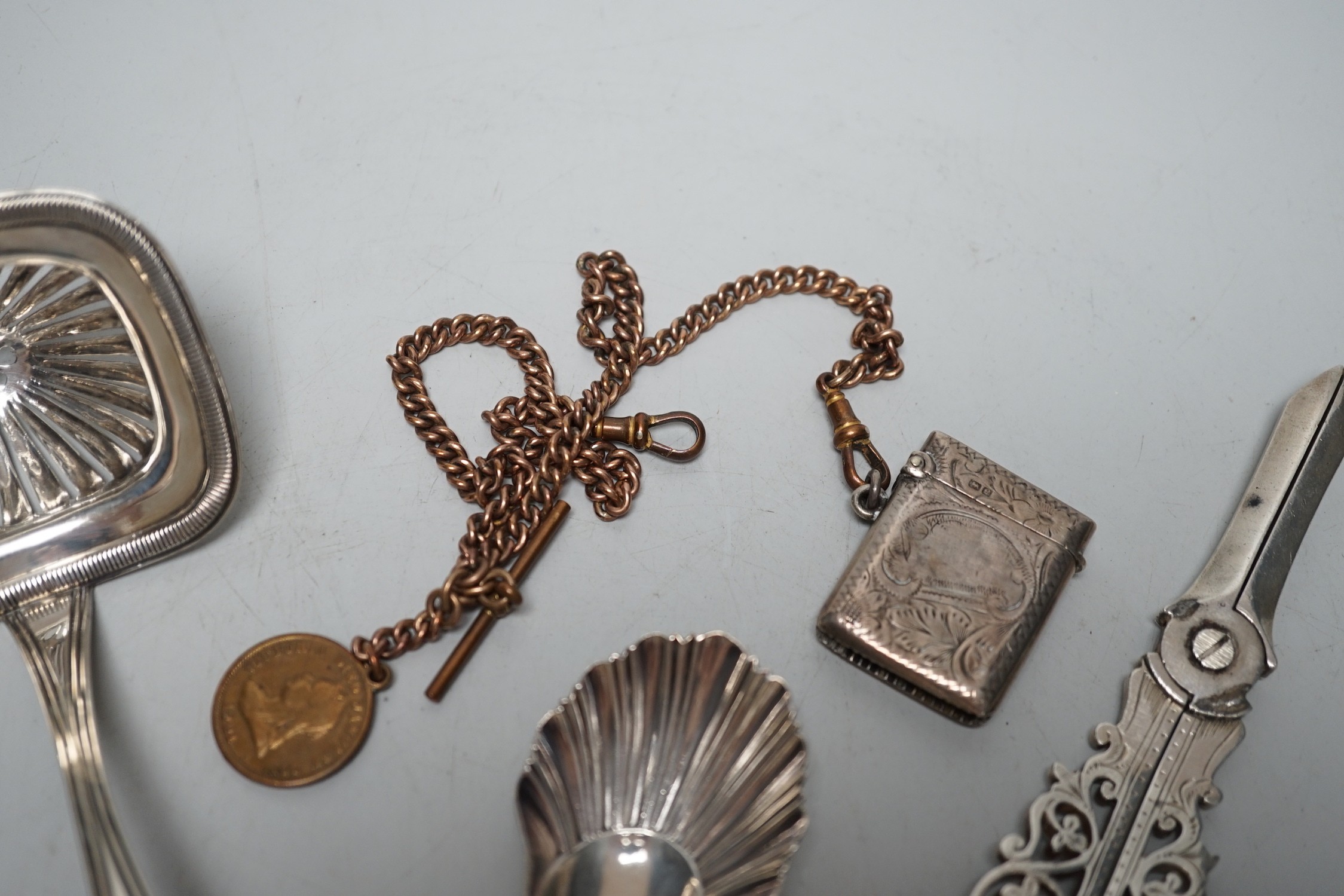 Sundry small silver including a pair of late Victorian grape shears, pair of Victorian salts caddy spoon and vesta case, together with a gilt metal albert chain and a Dutch white metal spoon.